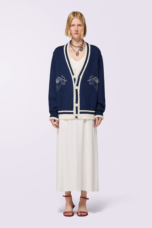 Double Cupid Embroidered Wool Cardigan Navy